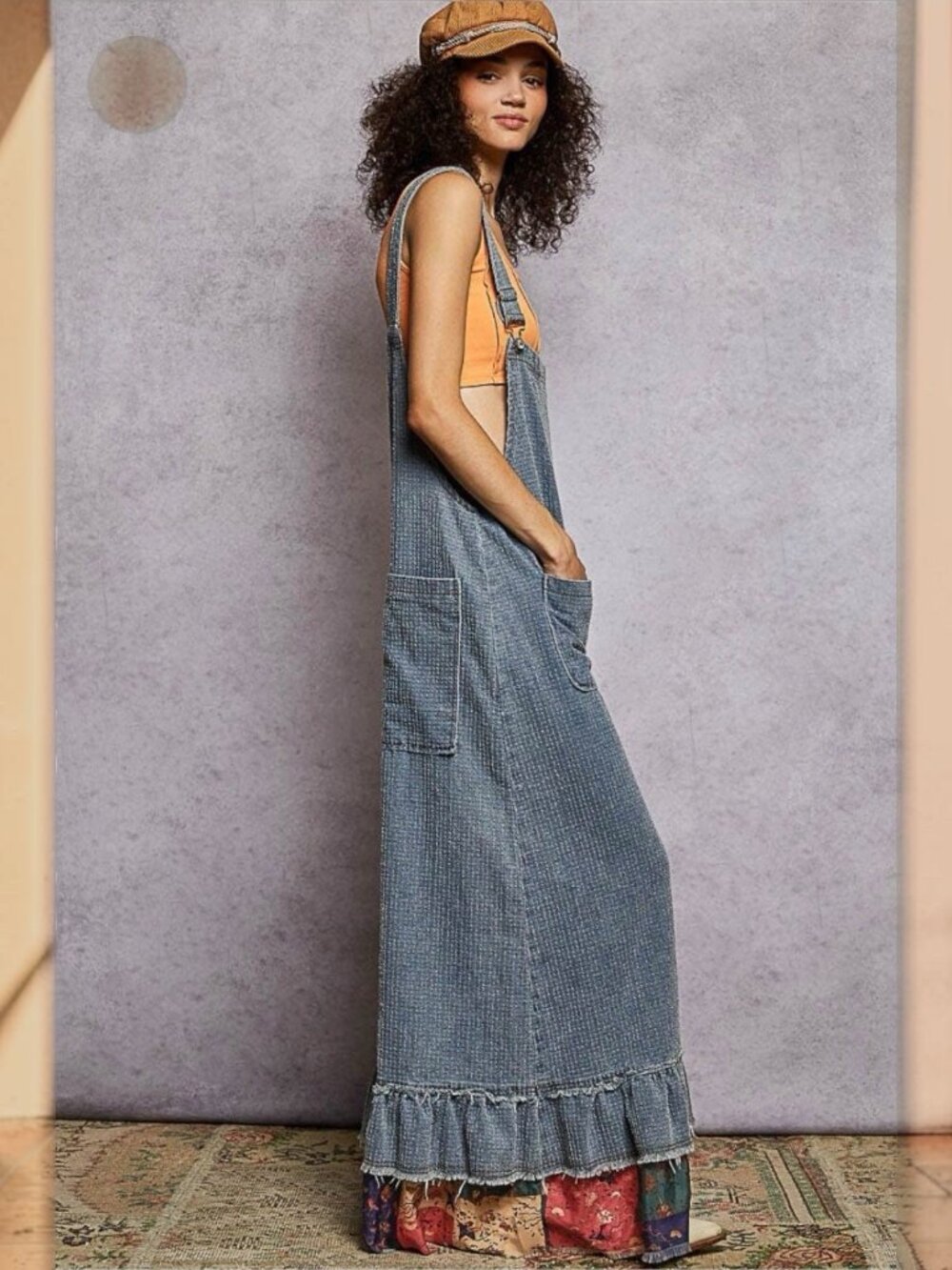 Pol Textured Denim Overalls 100%Cotton Wide-Leg Blue Size L Loose Fit Ruffle Hem - Picture 7 of 9